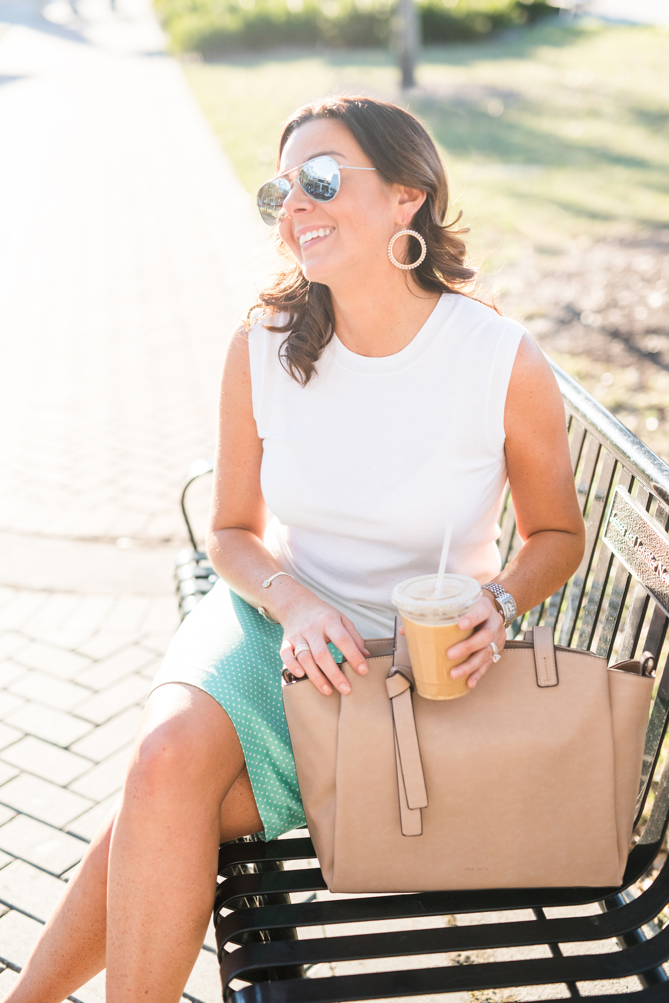 laughing on a bench, iced coffee, laptop bag, work style, young professional, Jacksonville blogger, San Marco, 5 points