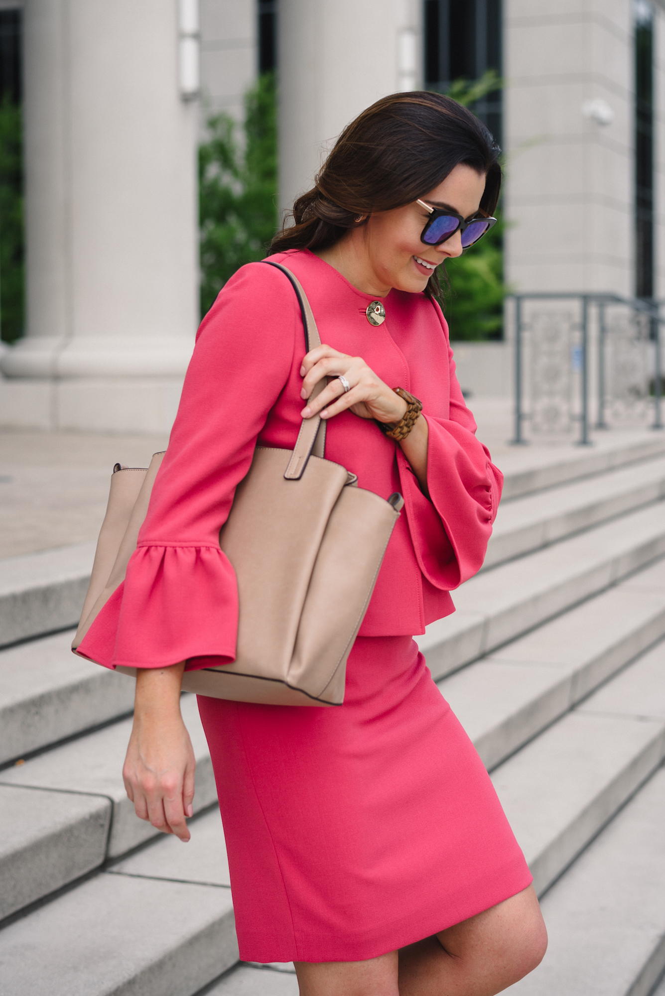 Pink suit, bell sleeve, fashion blogger, Jord giveaway, Nine West bag